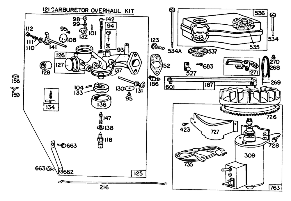 Carburetor,a/C Grp,muffler Diagram and Parts List for 171702-0016-XX  Briggs and Stratton Engine